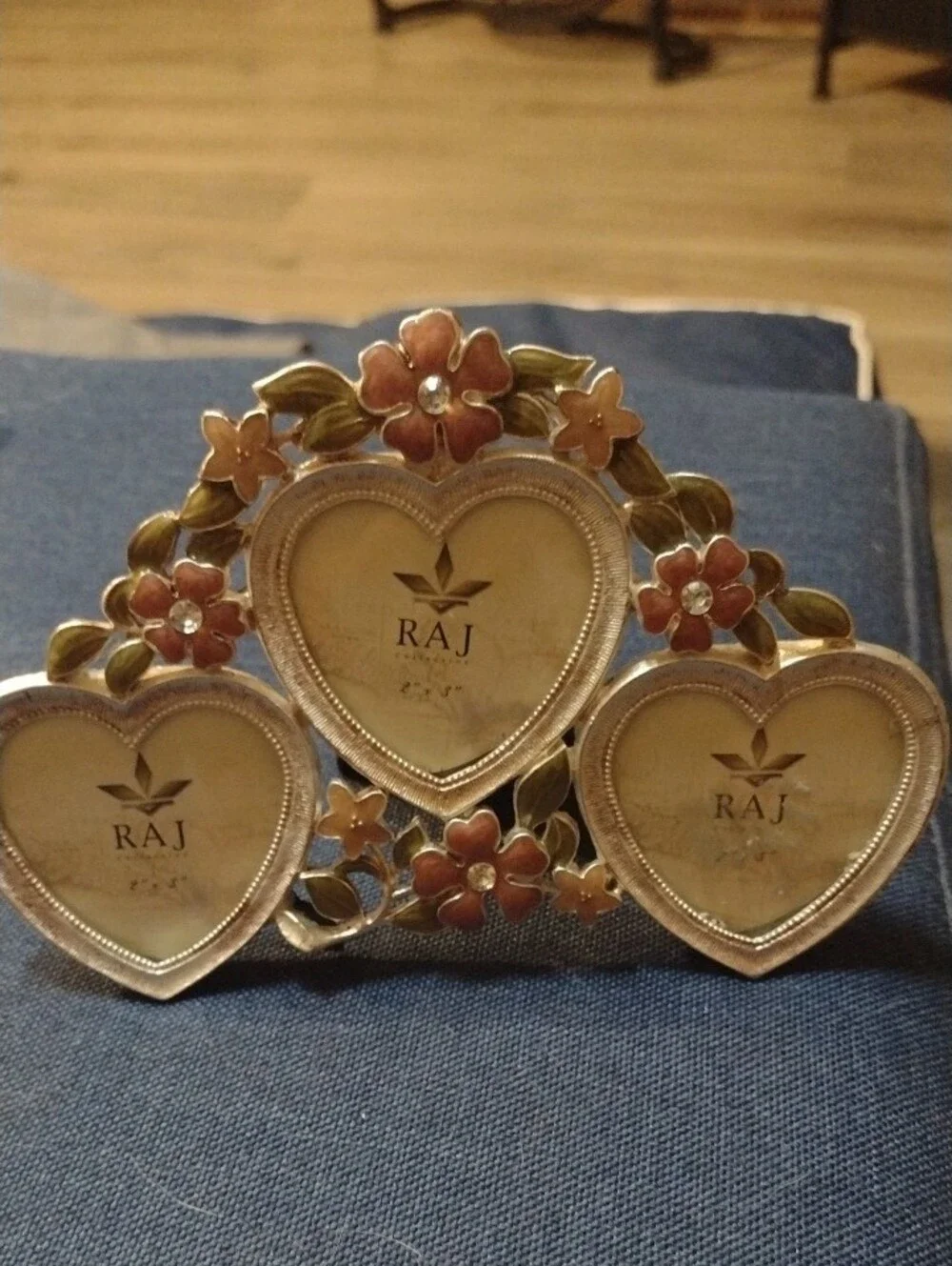 Raj Gold-Tone Triple Heart Frame with Pink and Green Floral Accents